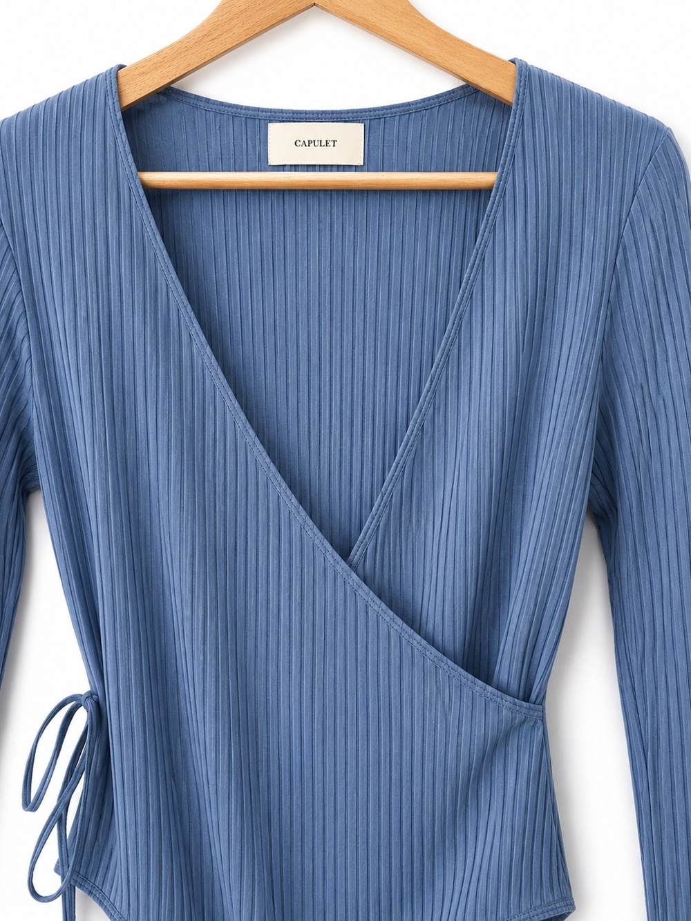 New CAPULET Ribbed Wrap Bodysuit Blue Gray Side Tie Long Sleeve Sexy Top NWT